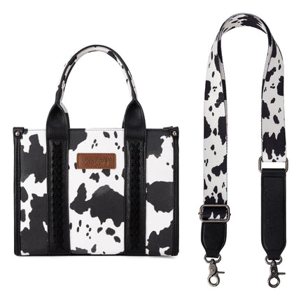 Wrangler Cow Print Tote Bag for Women Western Purse Boho Top Handle Satchel Handbag with Signature Strap, Allover Cow Print Black, One Size WG133-8120BK