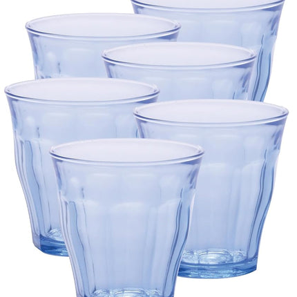 Duralex Made in France Picardie Glass Tumbler Drinking Glasses Set of 6, 6-3/4 oz, Marine Blue