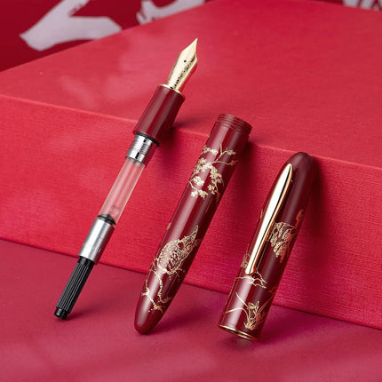 HONG DIAN N23 Red Rabbit Fountain Pen, Long Blade Medium Nib Gold Trim, New Year Lucky Rabbit Carving Design, Smooth Writing Pen with Converter and Metal Pen Box Set