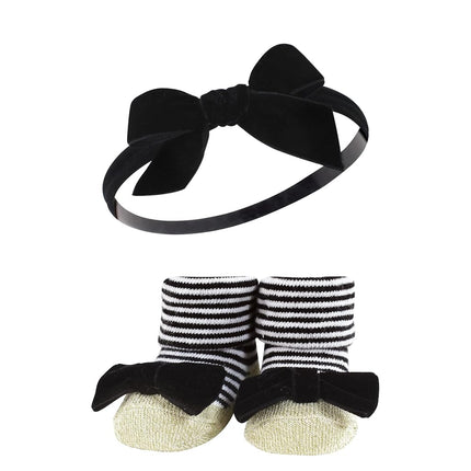 Hudson Baby Girl's Headband and Socks Giftset, Black Stripe Neutrals, One Size