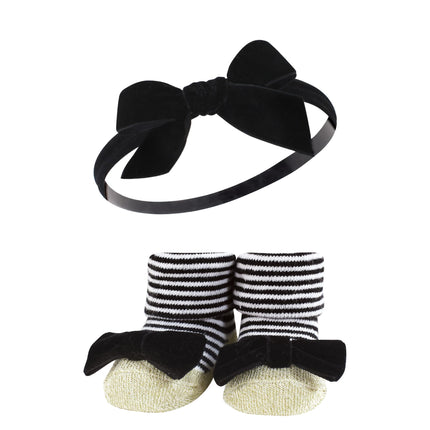 Hudson Baby Girl's Headband and Socks Giftset, Black Stripe Neutrals, One Size
