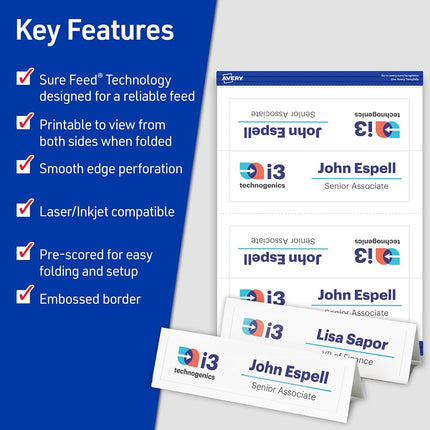 Avery Printable Tent Cards with Sure Feed Technology, 2.5" x 8.5", Embossed Border, Laser/Inkjet, 2-Pack, 100 Cards Per Pack, 200 Cards Total (25305)