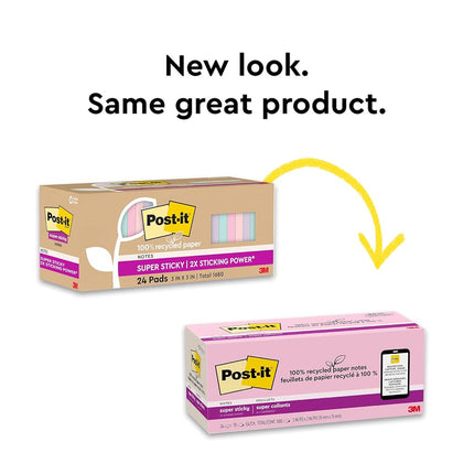 Post-it 100% Recycled Paper Super Sticky Notes, 2X The Sticking Power, 3x3 in, 24 Pads/Pack, 70 Sheets/Pad, Wanderlust Pastels Collection (654R-24SSNRPCP)