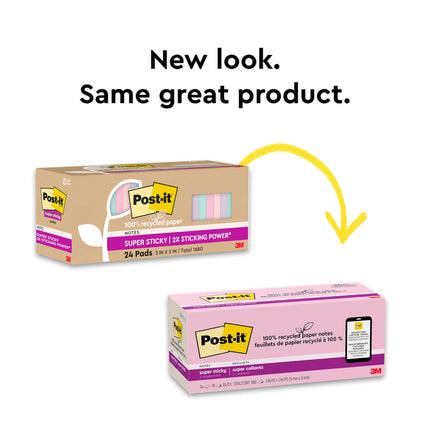 Post-it Super Sticky en papier 100 % recyclé, pouvoir adhésif 2X plus puissant, 76x76 mm, 24 blocs/paquet, 70 feuilles/bloc, collection Wanderlust Pastels (654R-24SSNRPCP)