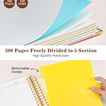 Hardcover Large Spiral Notebook 8.5" x 11" with Removable Dividers Tabs, 300 pages Leather 5 Subject Notebook College Ruled, A4 Journal for Women Men, Notebooks for Work School Note taking, Pink