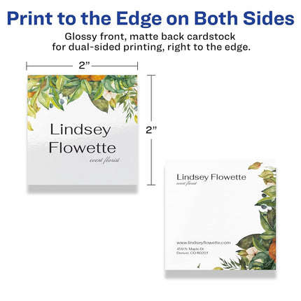 Avery Printable Square Business Cards with Sure Feed Technology, 2" x 2", Glossy White Cardstock, Print-to-the-Edge, Laser/Inkjet Cards, 600 Total
