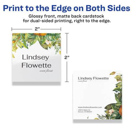 Avery Printable Square Business Cards with Sure Feed Technology, 2" x 2", Glossy White Cardstock, Print-to-the-Edge, Laser/Inkjet Cards, 120 Total
