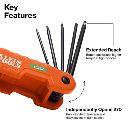 KLEIN TOOLS 70550T Pro Folding Hex Key Set, 10-Key Torx Sizes T6 to T40, Heat-Treated Alloy Steel, High-Leverage Blades