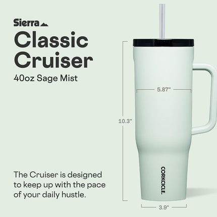 Corkcicle Cruiser Insulated Tumbler with Handle and Straw, Sage Mist, 40 oz – Reusable Water Bottle Keeps Beverages Cold for 20 Hours, Hot for 9 Hours – Cupholder Friendly