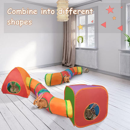 YUEPET Rabbit Tunnel and Cube Collapsible Tent Bunny Interactive Crinkle Tunnel Toys Small Animal Hideout with Play Ball for Dwarf Rabbit Bunny Guinea Pig