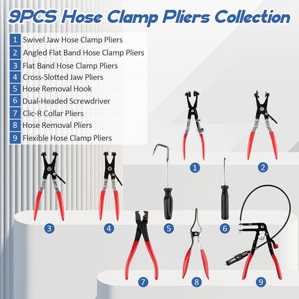 9PCS Hose Clamp Pliers Set, Hose Clamp Removal Tool for Automotive, Flexible Removing Clamps Pliers Automotive for Coolant Radiator Heater and Water Hose