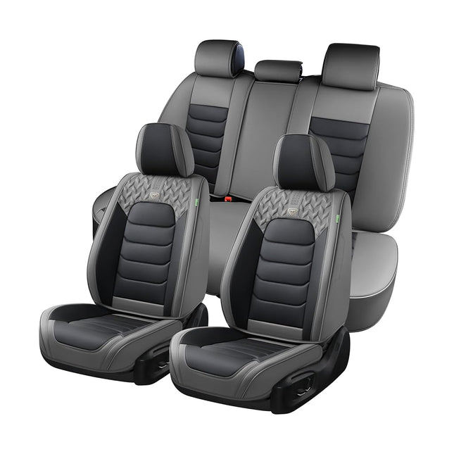 FLORICH Seat Covers Full Set,Leather Seat Covers, Front and Rear Seat Covers 5 Seats, Waterproof Car Seat Cushion Protector Accessories for Sedan SUV Pick-up Truck(Gray&Black, Full Set)