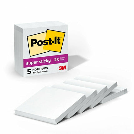 Notas Post-it Super Adhesivas, 2 veces más adherentes, 3 x 3 pulgadas, blancas, 5 blocs/paquete (654-5SSW)