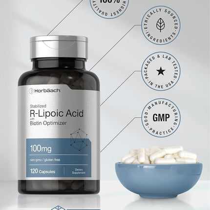 R Lipoic Acid 100mg Stabilized | 90 Capsules | Plus Biotin Optimizer | Non-GMO, Gluten Free | RALA Supplement | by Horbaach