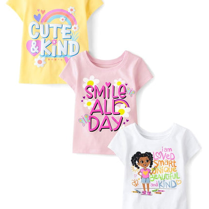 The Children's Place Camisetas gráficas de manga corta surtidas de uso diario para bebés y niños pequeños, paquetes múltiples, con palabras bonitas para niños/felices/niñas, 5T