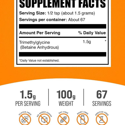 BulkSupplements.com TMG Powder - Trimethylglycine as Betaine Anhydrous, TMG Supplement - Trimethylglycine Supplement, Gluten Free - 1500mg per Serving 100g (3.5 oz) (Pack of 1)