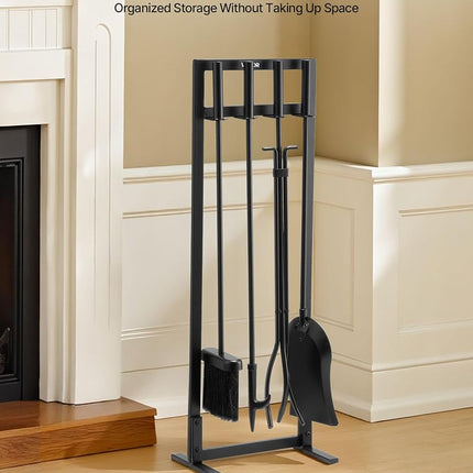 VEVOR Fireplace Tool Set, 5 PCS Fire Tool Set and Holder with Square-Frame Stand, Tongs, Ash Shovel, Brush, Fire Place Poker, Wrought Iron Steel Fireplace Accessories for Indoor/Outdoor, Black