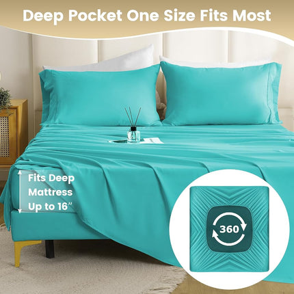 CozySmile Silky Soft King Size Sheet Set - Luxury 4 Piece Breathable Cooling Sheets for King Size Bed, 16" Deep Pocket Easy Care Wrinkle Free Bedding Sheet and Pillowcase Set, Turquoise