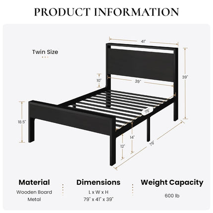 SHA CERLIN 14 Inch Twin Size Metal Platform Bed Frame with Wooden Headboard and Footboard, Mattress Foundation, No Box Spring Needed, Large Under Bed Storage, Heavy Duty Slats Support, Black Oak