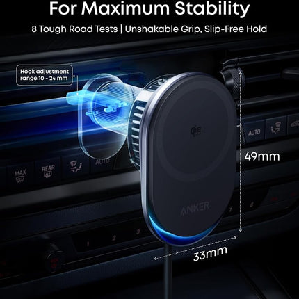 Anker Prime MagSafe Car Mount Charger, Qi2 25W Certified Wireless Car Charger with TEC Cooling, Strong Magnets, Air Vent Mount for iPhone 17-12 Series (Check Vent Compatibility, Includes 60W Adapter)