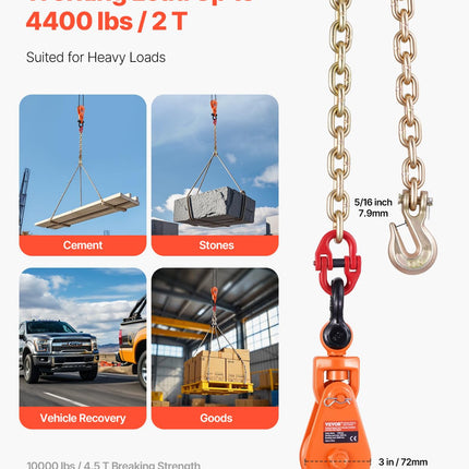 VEVOR 2 Ton Snatch Block with G80 Chain, Swivel Shackle, 3" Sheave for 3/8" Wire Rope, Snatch Block Pulley for Towing and Recovery Applications on Flatbed Tow Truck Rollback Wrecker Car Carrier Cable