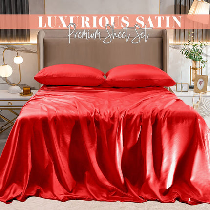 Elegant Comfort Luxurious 4-Piece Silky Satin Sheet Set, Skin and Hair Friendly, Wrinkle, Fade, Stain Resistant with Deep Pockets Fitted Sheet, Cooling Soft Satin Sheet Set, Twin, Red