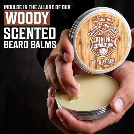 Viking Revolution - Beard Balm - 4 x 28 g Variety Pack - Sandalwood, Pine & Cedar, Bay Rum, Clary Sage - Beard Wax For Men - Styles, Strengthens & Softens - Gifts for Men