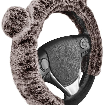 BDK Bear Fur Steering Wheel Cover, Plush Faux Fur Fuzzy Steering Cover for Car Truck Van SUV, Standard Size Fits Wheels 14.5-15 in Diameter, Brown with Ears