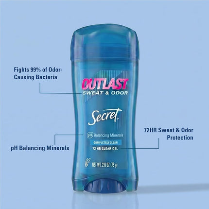 Desodorante y Antitranspirante en Gel Transparente Secret Outlast, Completamente Limpio - 2.6 oz cada uno, Paquete de 2