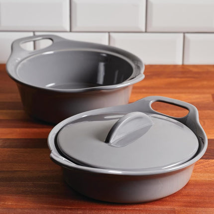 Rachael Ray Solid Glazed Ceramics Casserole Bakeware/Baker Set with Shared Lid, 3 Piece, Dark Gray