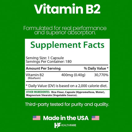 Vitamin B2 400mg | 180 Capsules | Riboflavin | Gluten Free & Non-GMO | HealthFare