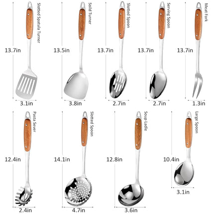 304 Stainless Steel Cooking Utensils Set,9PCS Metal Kitchen Utensils Set with Wooden Handle,Solid Spoon,Spatula,Ladle,Skimmer Spoon,Spaghetti Spoon,Dishwasher Safe