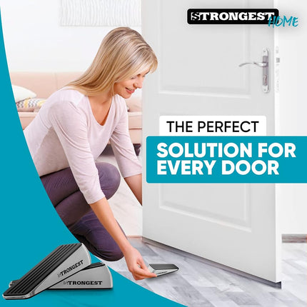 Strongest Home Door Stopper, Set of 4 Heavy Duty Door Stop Wedge Made of Premium Quality Zinc and Rubber Suits Any Door, Any Floor. Plus 2 Self Adhesive Wall Protectors (Black Silver)