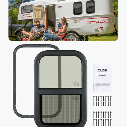 VEVOR Vertical RV Window, 14" W x 16" H Tinted Sliding with Net Screen & Trim Ring, Fit 15/16" - 1 3/4" Thickness Wall, RV Window Replacement for Teardrop Cargo Trailer Camper, DOT Approved