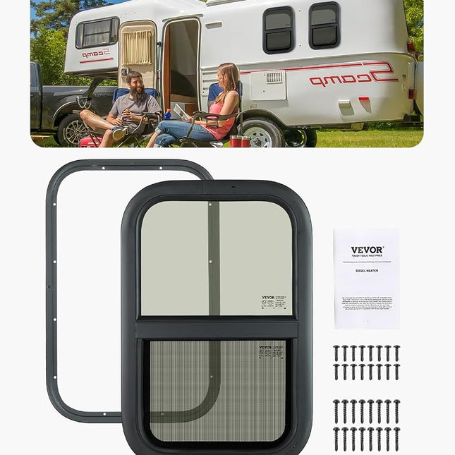 VEVOR Vertical RV Window, 14" W x 16" H Tinted Sliding with Net Screen & Trim Ring, Fit 15/16" - 1 3/4" Thickness Wall, RV Window Replacement for Teardrop Cargo Trailer Camper, DOT Approved