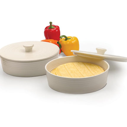 RSVP International Stoneware Tortilla Warmer & Server with Lid, Dishwasher, Microwave and Oven Safe, 8.5" Dia x 3.5", White