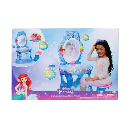 Disney Princess Ariel Vanity for Girls with Lights & Sounds, Plays Under The Sea - Magical Light Up Effect Looks Just Like Water! Pretend Play Girls Vanity Set with Mirror and Stool