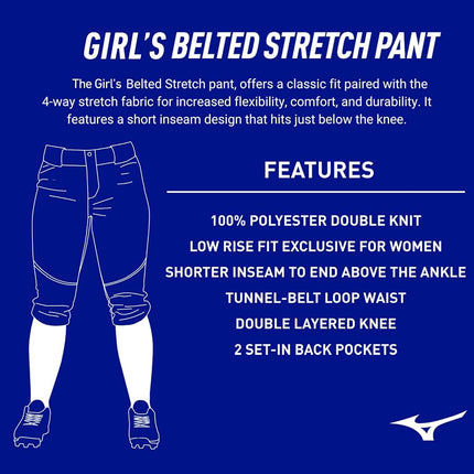 Mizuno Girls' Belted Stretch Softball Pant Navy
