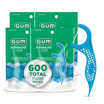 GUM - 888JC Hilo Dental con Mango Advanced Care, Menta Fresca, Vitamina E y Flúor, 150 Unidades (Paquete de 4)