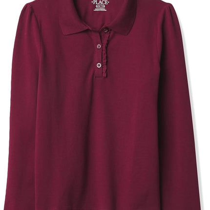 The Children's Place Girls' Long Sleeve Ruffle Pique Polo, Rubine Single, X-Small