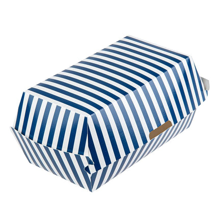 Bio Tek 6.7 x 3.5 x 3.5 Inch Clamshell Food Containers, 100 Disposable Sandwich Containers - Hinged Lid, Tab-Lock Closure, Blue And White Paper Hot Dog Containers, Greaseproof - Restaurantware