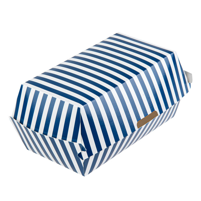 Bio Tek 6.7 x 3.5 x 3.5 Inch Clamshell Food Containers, 100 Disposable Sandwich Containers - Hinged Lid, Tab-Lock Closure, Blue And White Paper Hot Dog Containers, Greaseproof - Restaurantware