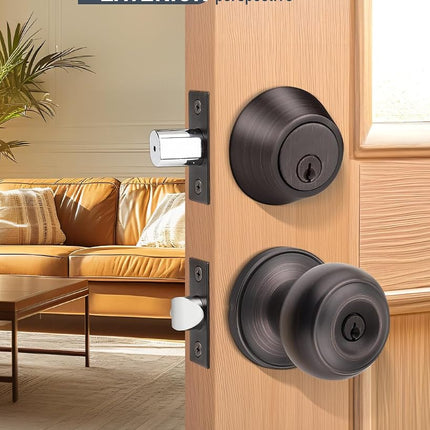 Brotima 4 Pack Keyed Alike Front Door Knob and Deadbolt Set, Entry Door Locksets with Single Cylinder Deadbolt, Oil Rubbed Bronze Flat Round Door Lock Set for Bedroom/Office/Exterior Doors