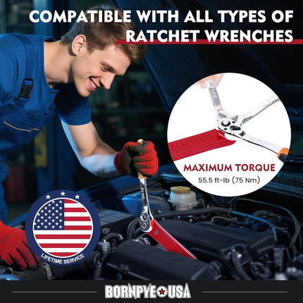 Bornpye Offset Extension Wrench Set, Impact Ready Socket Wrench Extender Tool with Versatile 1/4", 3/8", and 1/2" Square Drive Adapters (Red)