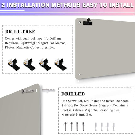 Magnetic Board,17.5" x 11.4" Magnet Bulletin Board to Display Magnetic Notes, Poetry, Photos, Suitable for Wall, Refrigerator, Cabinet etc, Come with 4 Pcs Dual Lock Tape and Screws (Gray)