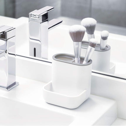 iDesign 28552 Toothbrush Holder, Compact Plastic Make-up Organiser with 3 Compartments, Sturdy Sink Caddy for Make-up Brushes and Bathroom Accessories, White and Grey, 10.4 x 10.0 x 10.2 cm