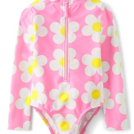 Gymboree Girls' and Toddler Long Sleeve Rashguard One Piece Swimsuit, Scooter Pink Neon, 8