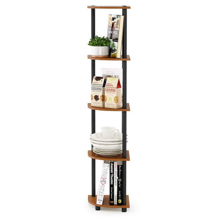 Furinno TURN-N-TUBE Corner Shelf, 5-Tier Corner Bookshelf, Open Storage Shelves, for Organization and Storage, Living Room, Home Office, Garage, Bedroom, Light Cherry