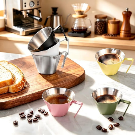 carrottimes 3Pcs Stainless Steel Espresso Cups, Double Spout Metal Espresso Measuring Cup with Handle, Dual Scale Espresso Pouring Cup with V-Shaped Mouth, 3.4oz/100ml (Silver)