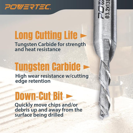 POWERTEC Down Cut 1/8" Spiral Router Bit w/ 5/32" Shank Carbide Router Bit, 1/2" Cutting Length & 2" Long. Fits CNC Router, Handheld Router, Router Table & Plunge Router for Router Bushing. 1PK(73040)